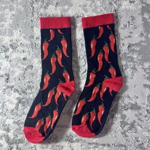 New Red Chili Pepper Novelty Crew Socks Navy Blue Red Accents One Size